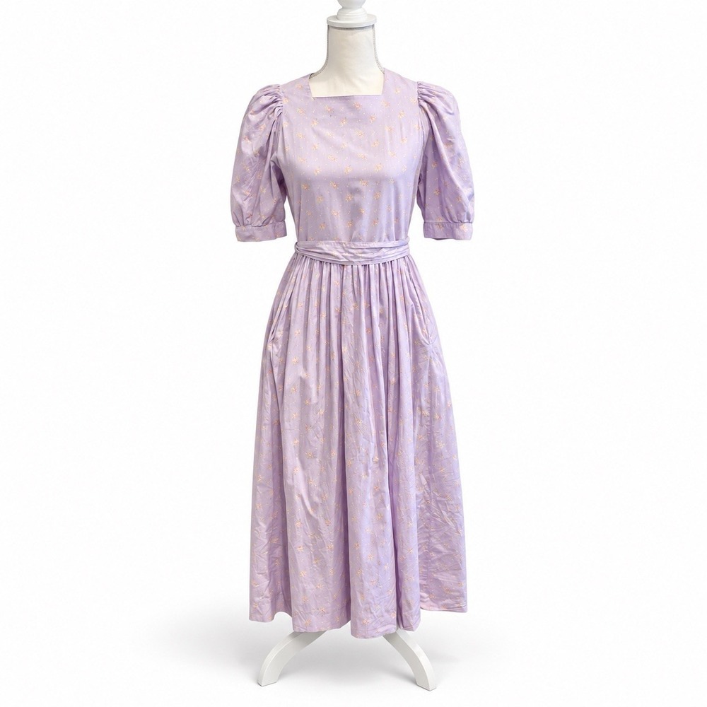 Laura Ashley Dress Size 12 Purple Floral Cotton Puff Sleeve Cottagecore Vintage